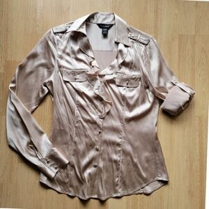 Y2K White House Black Market Silk Stretch Ruffle Blouse Champagne Beige Size 2